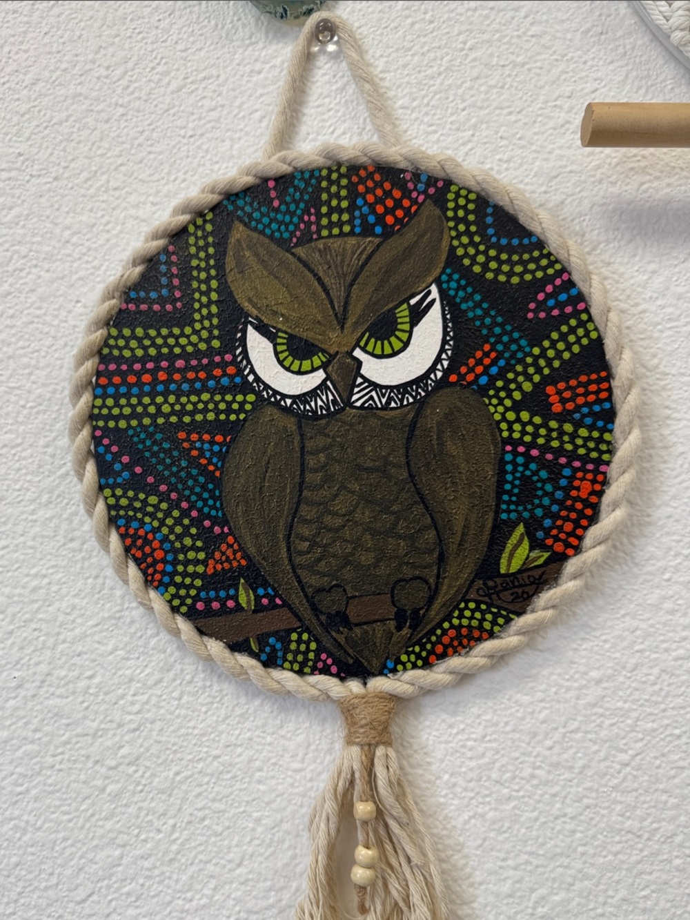 Handmade Brown Owl Wall Art with Rope Frame